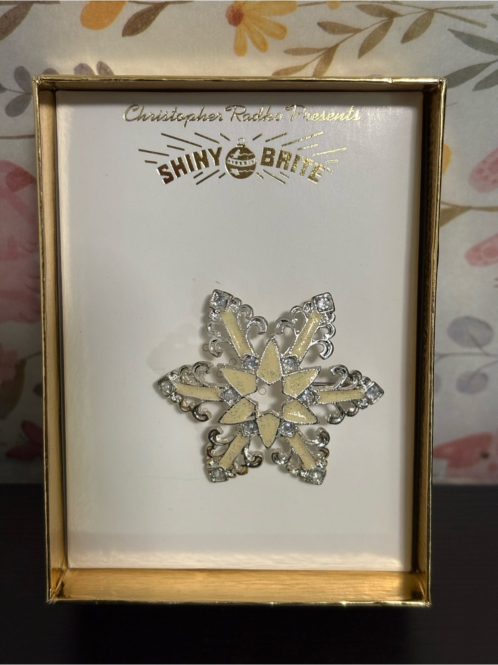 Christopher Radko presents Shiny Brite snowflake sparkle rhinestones brooch. NIB